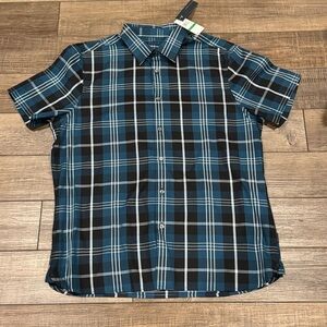 New Perry Ellis Plaid Button-Up Short Sleeve Shirt Mens Blue $79 Large